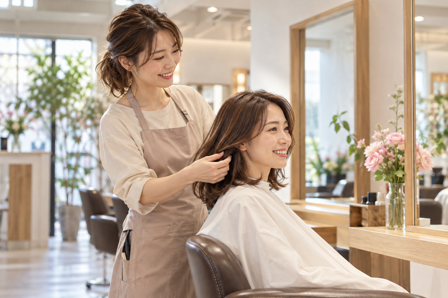 明るいサロンでお客様の髪を整えるスタッフのAI生成イメージ